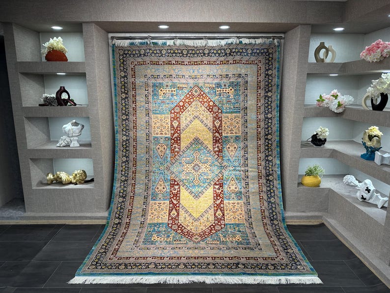 7x10 Oriental Silk Carpet / Rug For Living Room / Top Quality Silk And Wool Carpet / Whose Edges And Fringes Are Handcrafted / 7x10 Silk Rug