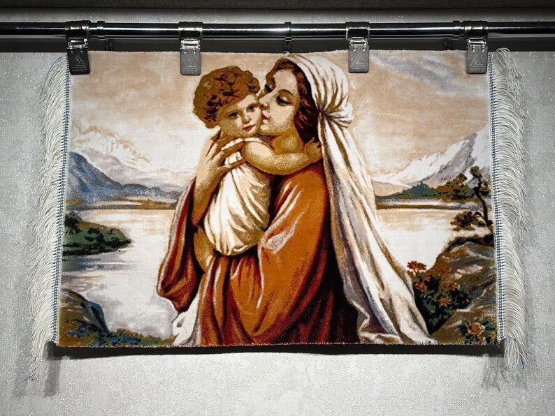 Madonna and Child Silk Tapestry - Religious Wall Hanging Rug (1.6x2.3 Ft)