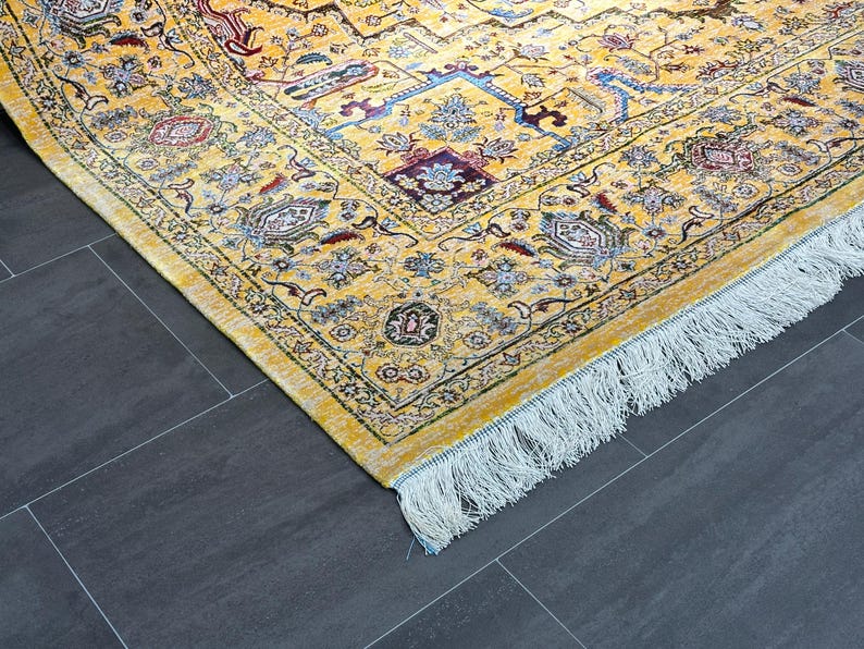 7x10 Yellow Area Rug / Living Room Rug / Top Quality Rug / Silk And Wool Rug / Soft Yellow Rug / Super Fıne Area Rug / Area Rug / Silk Rug