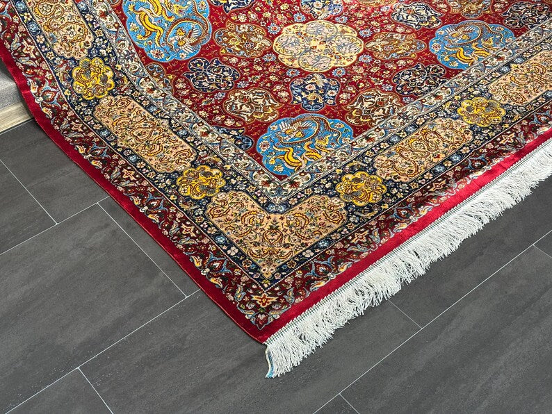 Luxurious Home Decor / Turkish Red Oriental Rug / Colorful Decor / 7x10 Silk Rug / Silk And Wool Carpet / 7x10 Area Rug / Top Quality Rug