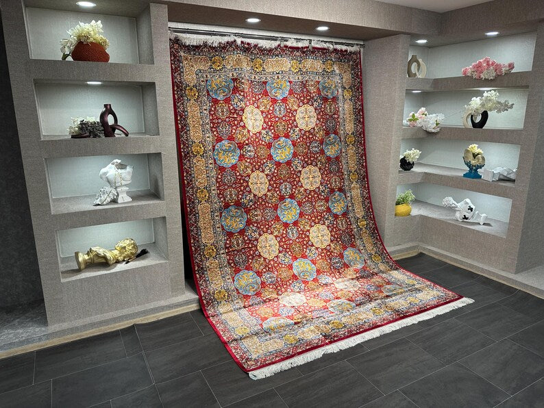 Luxurious Home Decor / Turkish Red Oriental Rug / Colorful Decor / 7x10 Silk Rug / Silk And Wool Carpet / 7x10 Area Rug / Top Quality Rug