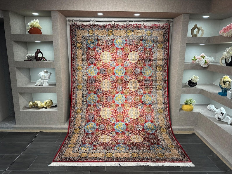 Luxurious Home Decor / Turkish Red Oriental Rug / Colorful Decor / 7x10 Silk Rug / Silk And Wool Carpet / 7x10 Area Rug / Top Quality Rug