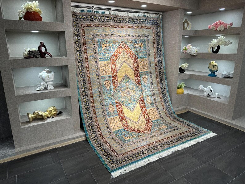 7x10 Oriental Silk Carpet / Rug For Living Room / Top Quality Silk And Wool Carpet / Whose Edges And Fringes Are Handcrafted / 7x10 Silk Rug