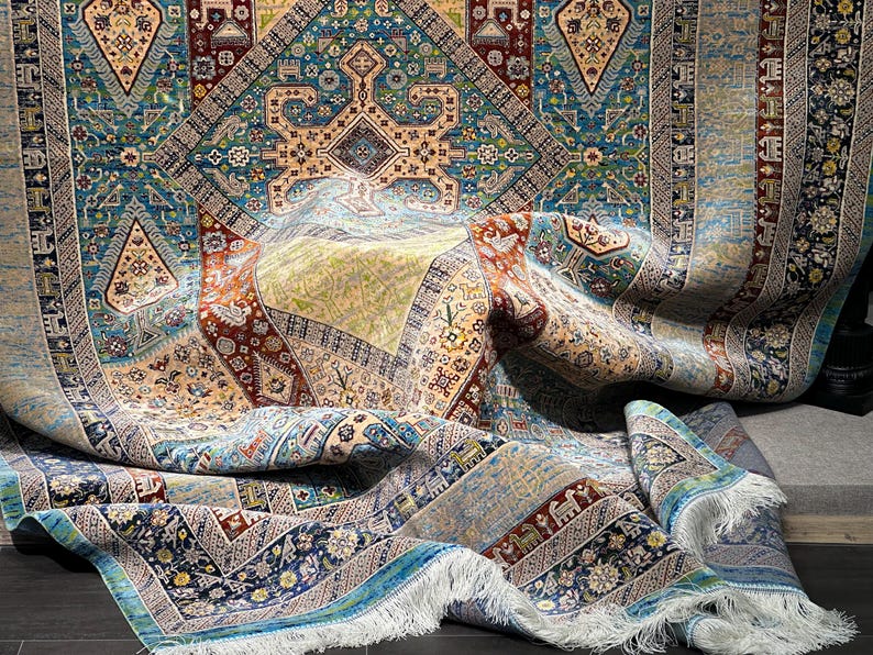 7x10 Oriental Silk Carpet / Rug For Living Room / Top Quality Silk And Wool Carpet / Whose Edges And Fringes Are Handcrafted / 7x10 Silk Rug