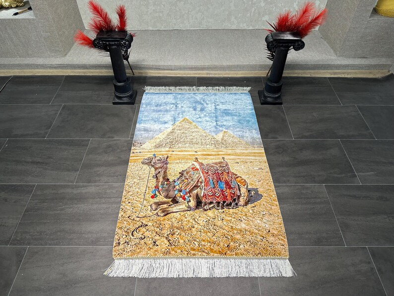 Silk Rug Wall Hanging 2.6x3.9 ft - Egyptian Pyramids Camel Artwork, Luxury Silk Carpet, 80x120 cm, Statement Home Decor, Wall Decor