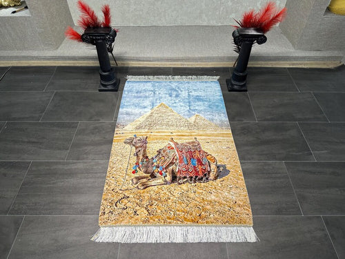 Silk Rug Wall Hanging 2.6x3.9 ft - Egyptian Pyramids Camel Artwork, Luxury Silk Carpet, 80x120 cm, Statement Home Decor, Wall Decor
