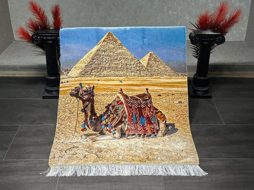 Silk Rug Wall Hanging 2.6x3.9 ft - Egyptian Pyramids Camel Artwork, Luxury Silk Carpet, 80x120 cm, Statement Home Decor, Wall Decor