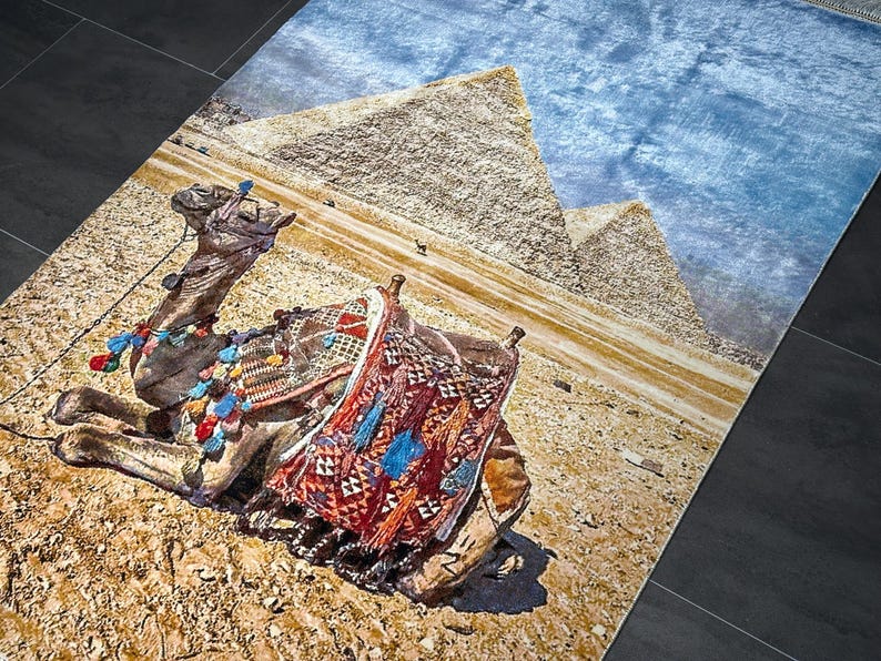 Silk Rug Wall Hanging 2.6x3.9 ft - Egyptian Pyramids Camel Artwork, Luxury Silk Carpet, 80x120 cm, Statement Home Decor, Wall Decor