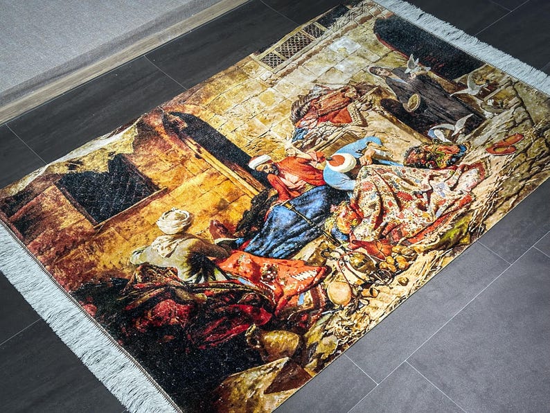 Antique Style Silk Rug Wall Hanging 100x150 Cm 3.2x4.9 Ft, Oriental Fİgurative Carpet Art, Wall Decor, 3x5 Silk Rug, Collector's Decor