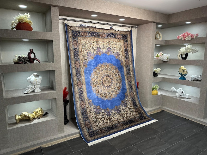Handcrafted 6x8 Silk Area Rug, Oriental Blue Carpet