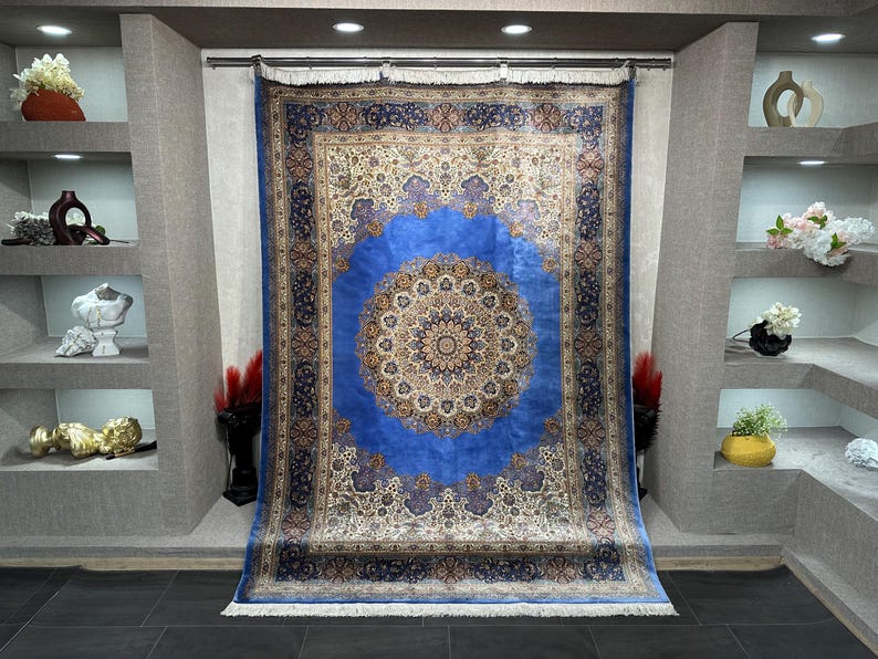 Handcrafted 6x8 Silk Area Rug, Oriental Blue Carpet