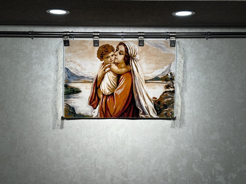Madonna and Child Silk Tapestry - Religious Wall Hanging Rug (1.6x2.3 Ft)