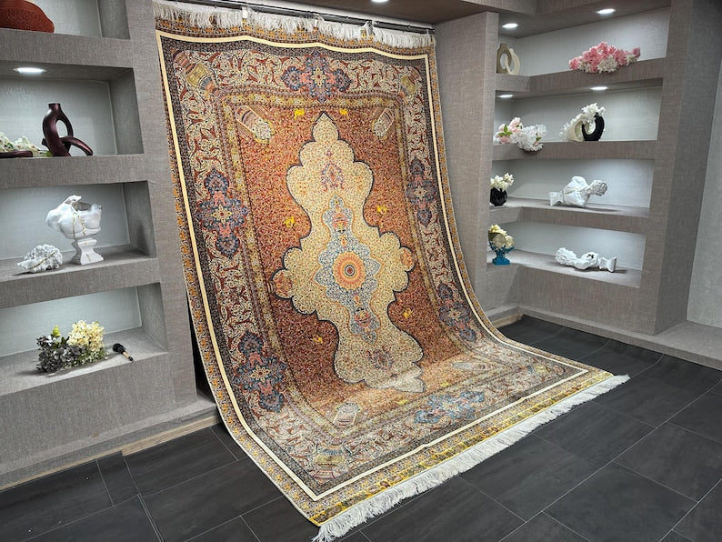 7x10 Luxurıous Silk Rug, Aesthetic Luxurıous Rug, 7x10 Unique Carpet, 7x10 Area Rug, Turkish Silk Rug, Oriental Special Design Carpet 7x10
