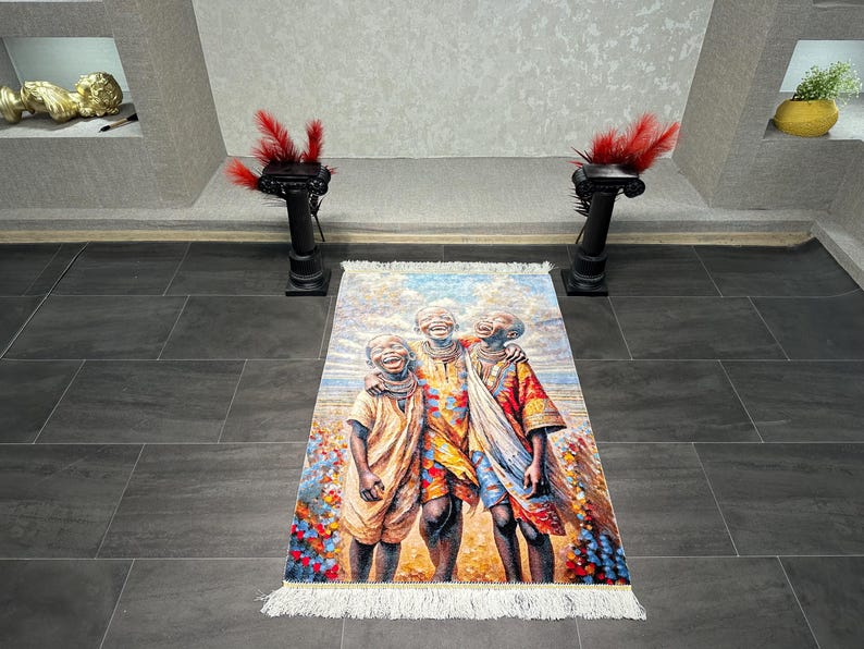 Collectible Silk Rug Painting 2.6x3.9 ft-African Children Portrait,Luxury Wall Decor,Turkish Wall Hanging Rug,Statement Home Decor,80x120 cm