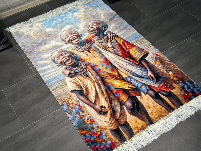 Collectible Silk Rug Painting 2.6x3.9 ft-African Children Portrait,Luxury Wall Decor,Turkish Wall Hanging Rug,Statement Home Decor,80x120 cm