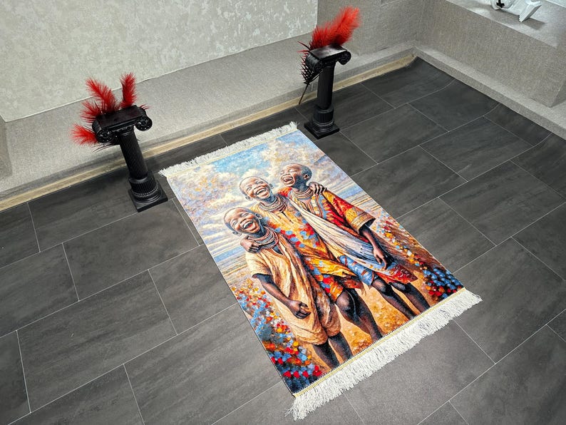 Collectible Silk Rug Painting 2.6x3.9 ft-African Children Portrait,Luxury Wall Decor,Turkish Wall Hanging Rug,Statement Home Decor,80x120 cm