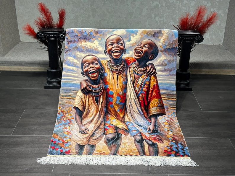 Collectible Silk Rug Painting 2.6x3.9 ft-African Children Portrait,Luxury Wall Decor,Turkish Wall Hanging Rug,Statement Home Decor,80x120 cm