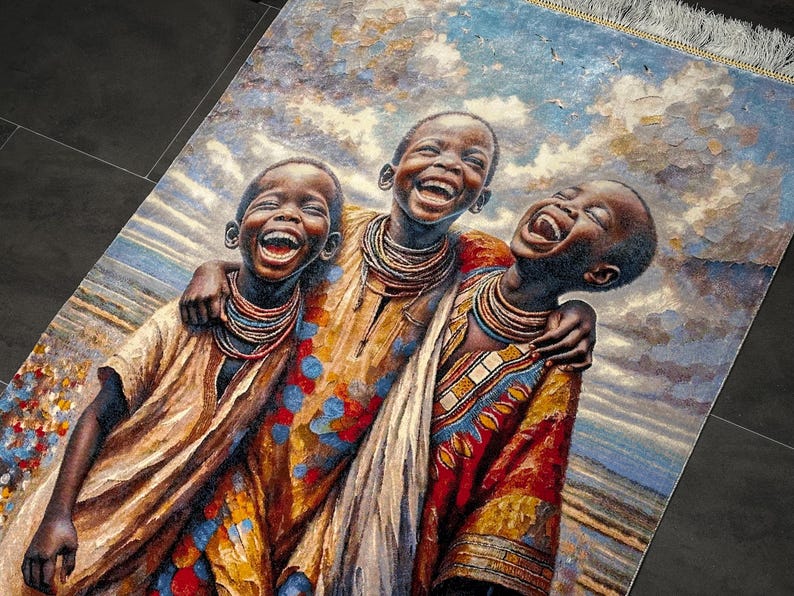 Collectible Silk Rug Painting 2.6x3.9 ft-African Children Portrait,Luxury Wall Decor,Turkish Wall Hanging Rug,Statement Home Decor,80x120 cm