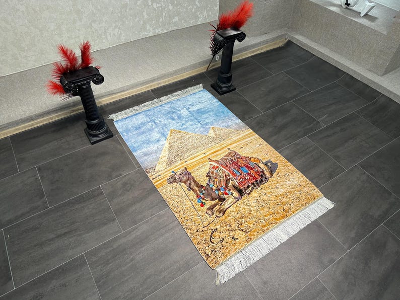 Silk Rug Wall Hanging 2.6x3.9 ft - Egyptian Pyramids Camel Artwork, Luxury Silk Carpet, 80x120 cm, Statement Home Decor, Wall Decor