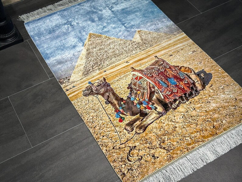 Silk Rug Wall Hanging 2.6x3.9 ft - Egyptian Pyramids Camel Artwork, Luxury Silk Carpet, 80x120 cm, Statement Home Decor, Wall Decor