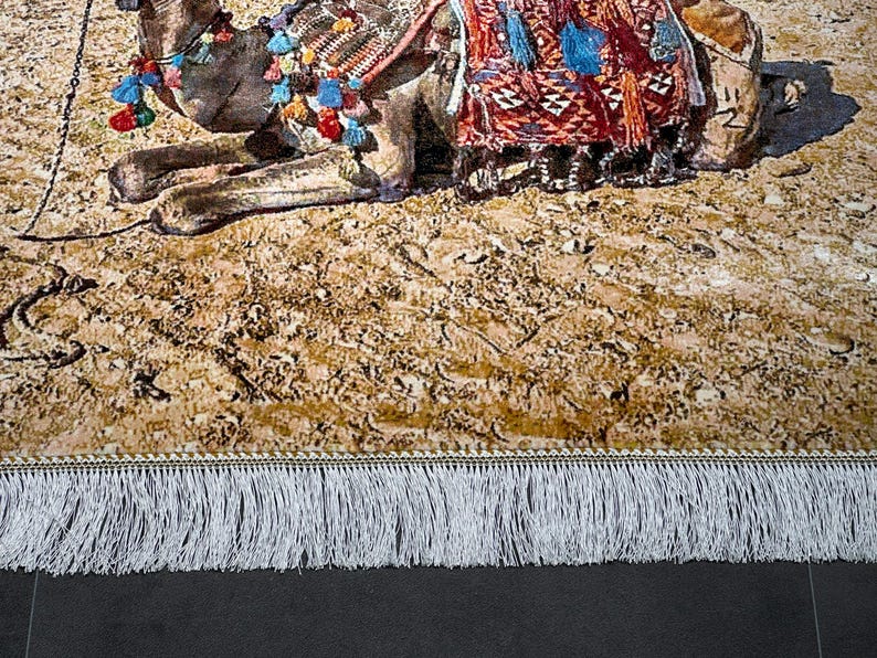 Silk Rug Wall Hanging 2.6x3.9 ft - Egyptian Pyramids Camel Artwork, Luxury Silk Carpet, 80x120 cm, Statement Home Decor, Wall Decor