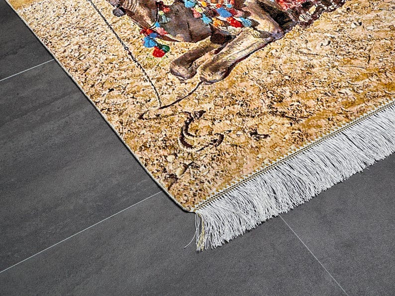 Silk Rug Wall Hanging 2.6x3.9 ft - Egyptian Pyramids Camel Artwork, Luxury Silk Carpet, 80x120 cm, Statement Home Decor, Wall Decor