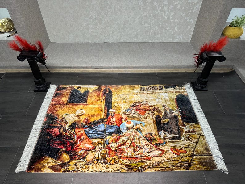 Antique Style Silk Rug Wall Hanging 100x150 Cm 3.2x4.9 Ft, Oriental Fİgurative Carpet Art, Wall Decor, 3x5 Silk Rug, Collector's Decor