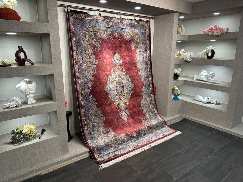 5'5 x 7'8 Ft Red Silk Rug, Whose Edges And Fringes Are Handcrafted, 6x8 Red Rug, Turkish Red Carpet, Living Room Rug, Home Decor, 6x8 Silk Rug