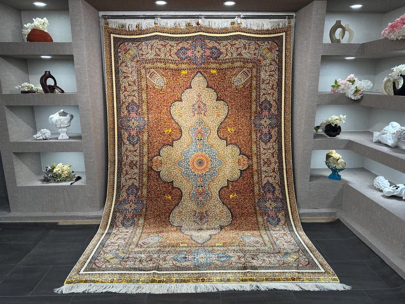 7x10 Luxurıous Silk Rug, Aesthetic Luxurıous Rug, 7x10 Unique Carpet, 7x10 Area Rug, Turkish Silk Rug, Oriental Special Design Carpet 7x10