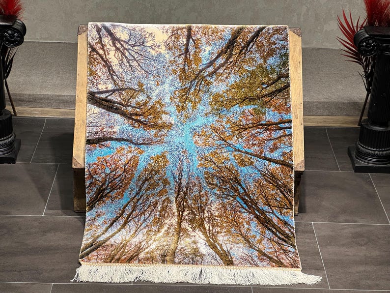 Landscape-Patterned Wall Rug, Tree-Themed Wall Rug 2x3, 2x3 Wall Decor, Soft Silk Carpet, %100 Silk Rug, Unique Wall Decor, Luxury Decor 2x3