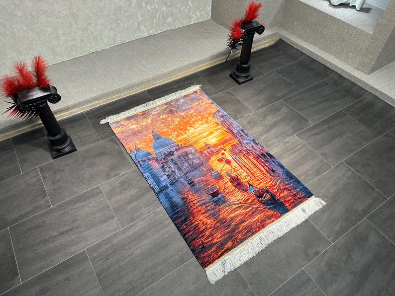 Venetian Dreams Wall Tapestry Wall Art, Sunset in Venice Artistic Rug, Decorative Wall Rug, Colorful Venice Skyline Tapestry Wall Decor, 3x4