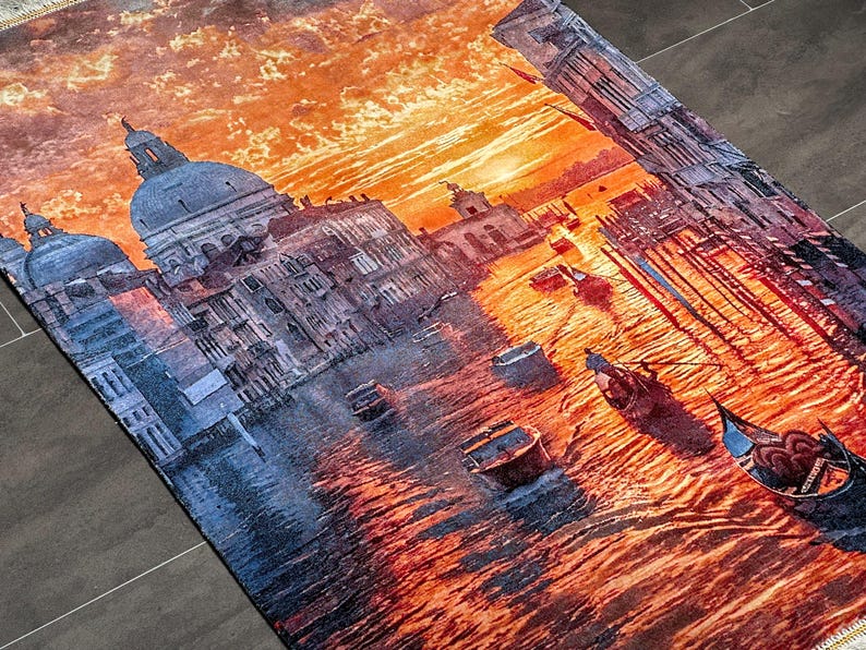 Venetian Dreams Wall Tapestry Wall Art, Sunset in Venice Artistic Rug, Decorative Wall Rug, Colorful Venice Skyline Tapestry Wall Decor, 3x4