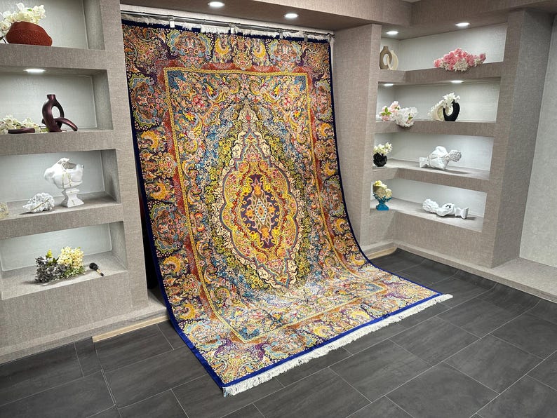 7x10 Turkish Silk and Wool Rug, Colorful Classical Design