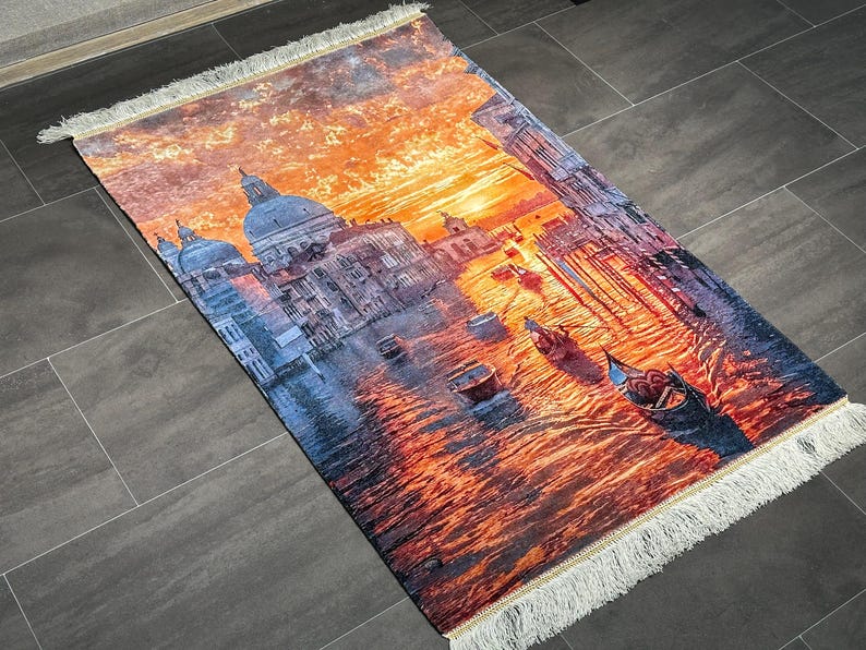 Venetian Dreams Wall Tapestry Wall Art, Sunset in Venice Artistic Rug, Decorative Wall Rug, Colorful Venice Skyline Tapestry Wall Decor, 3x4