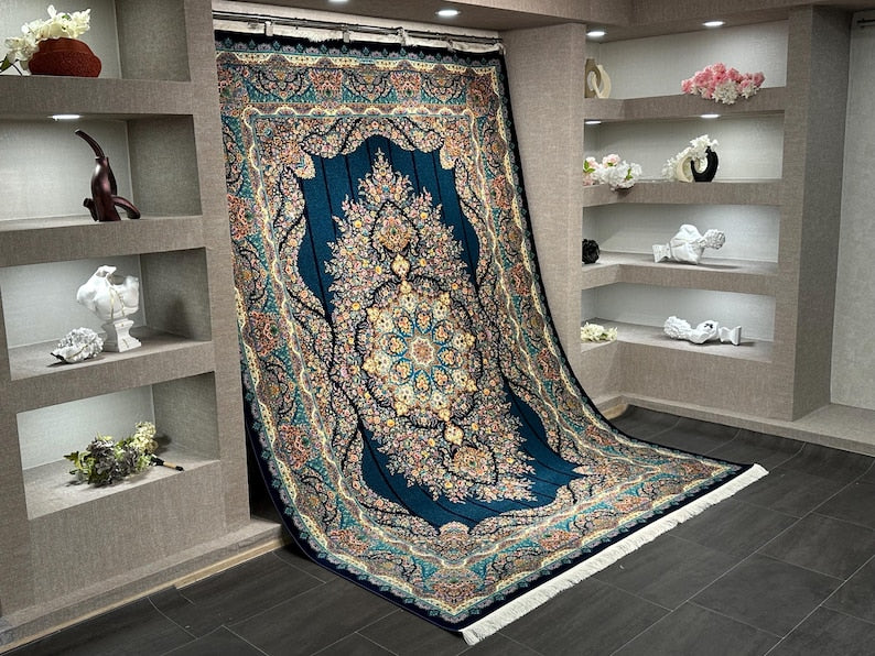 7x10 Navy Blue Silk Rug, Home Decor, Silk Rug, Rug For Livingroom, Unique Silk Rug, Turkish Silk Rug, Oriental Silk Rug, 7x10 Rug, Turkish Carpet