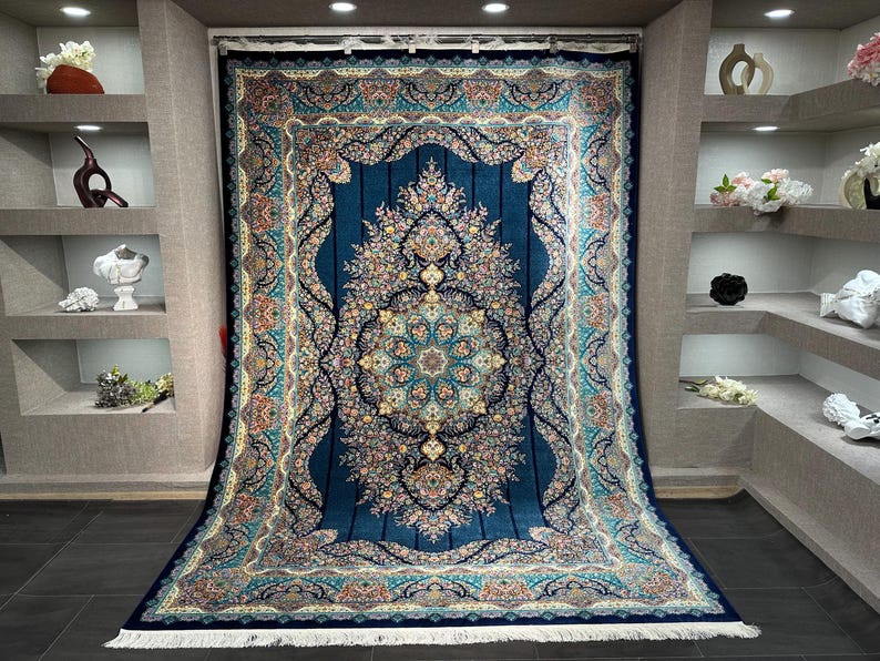 7x10 Navy Blue Silk Rug, Home Decor, Silk Rug, Rug For Livingroom, Unique Silk Rug, Turkish Silk Rug, Oriental Silk Rug, 7x10 Rug, Turkish Carpet