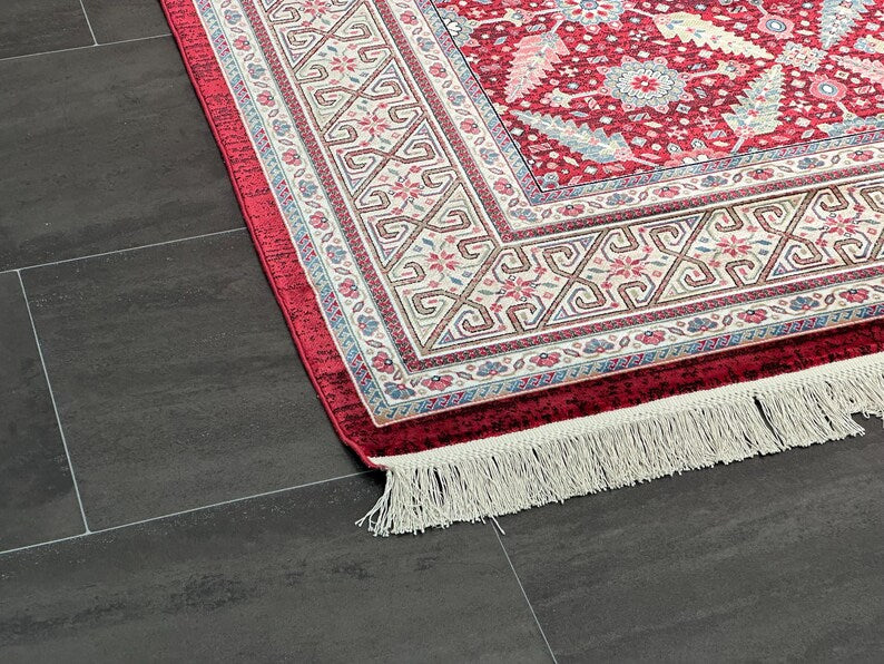 7x10 Red Cream Oriental Rug, Turkish Silk And Wool Carpet, 7x10 Turkish Carpet, Home Decor, Rug For Palace, Home Decor, Soft Red Carpet 7x10