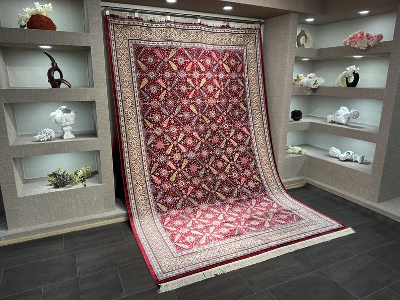 7x10 Red Cream Oriental Rug, Turkish Silk And Wool Carpet, 7x10 Turkish Carpet, Home Decor, Rug For Palace, Home Decor, Soft Red Carpet 7x10