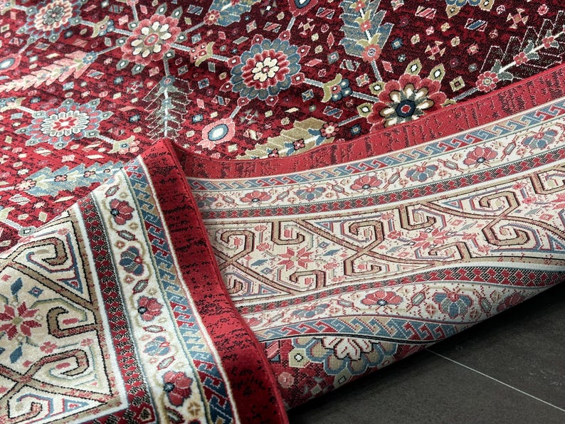 7x10 Red Cream Oriental Rug, Turkish Silk And Wool Carpet, 7x10 Turkish Carpet, Home Decor, Rug For Palace, Home Decor, Soft Red Carpet 7x10