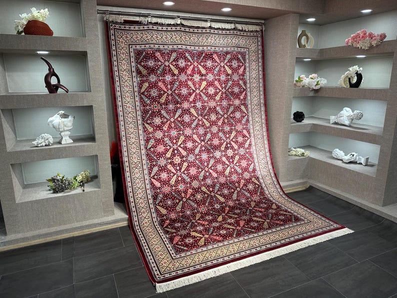 7x10 Red Cream Oriental Rug, Turkish Silk And Wool Carpet, 7x10 Turkish Carpet, Home Decor, Rug For Palace, Home Decor, Soft Red Carpet 7x10