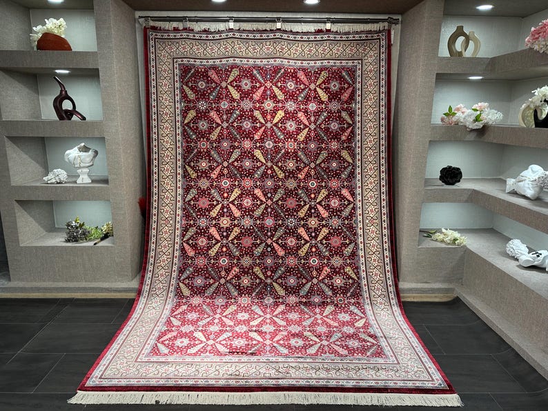 7x10 Red Cream Oriental Rug, Turkish Silk And Wool Carpet, 7x10 Turkish Carpet, Home Decor, Rug For Palace, Home Decor, Soft Red Carpet 7x10
