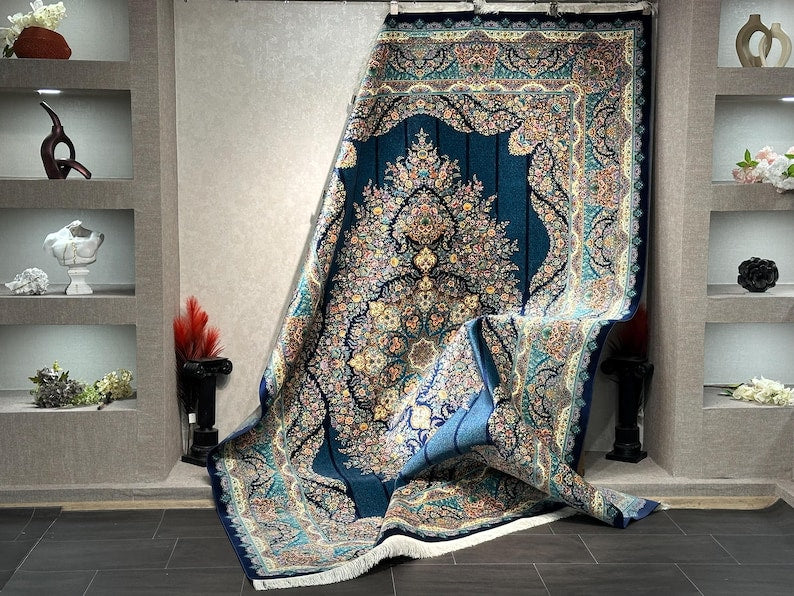 7x10 Navy Blue Silk Rug, Home Decor, Silk Rug, Rug For Livingroom, Unique Silk Rug, Turkish Silk Rug, Oriental Silk Rug, 7x10 Rug, Turkish Carpet