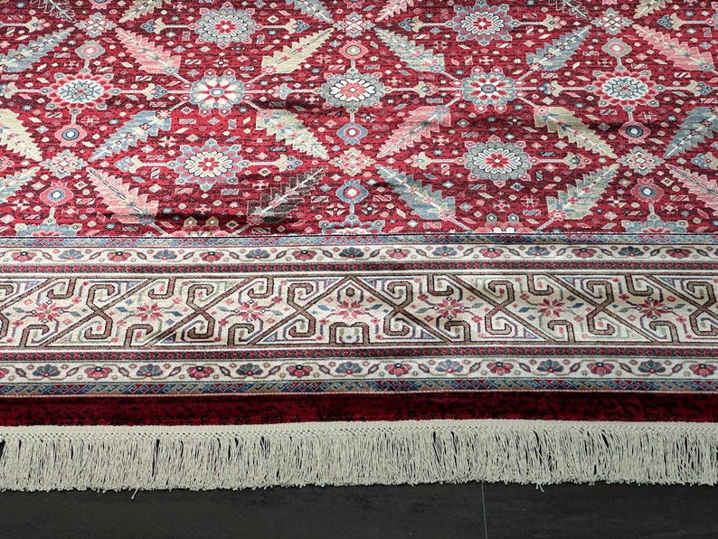 7x10 Red Cream Oriental Rug, Turkish Silk And Wool Carpet, 7x10 Turkish Carpet, Home Decor, Rug For Palace, Home Decor, Soft Red Carpet 7x10