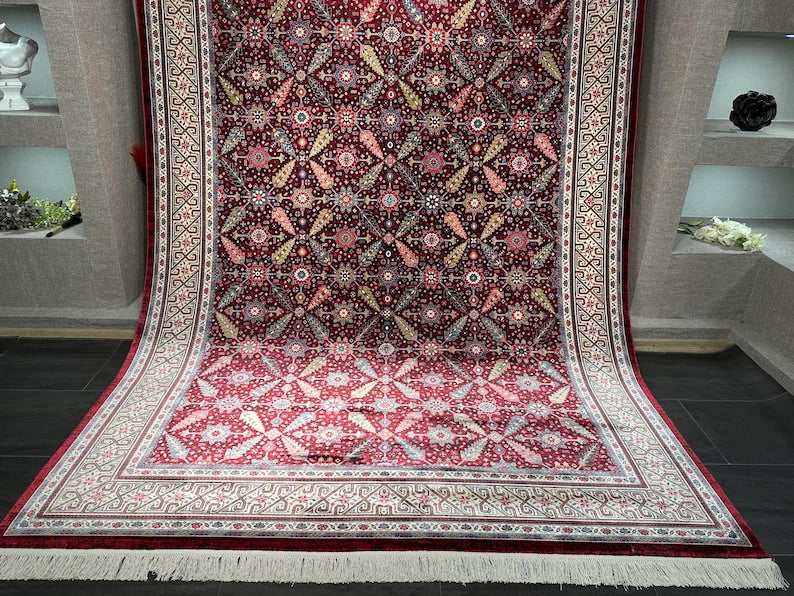 7x10 Red Cream Oriental Rug, Turkish Silk And Wool Carpet, 7x10 Turkish Carpet, Home Decor, Rug For Palace, Home Decor, Soft Red Carpet 7x10