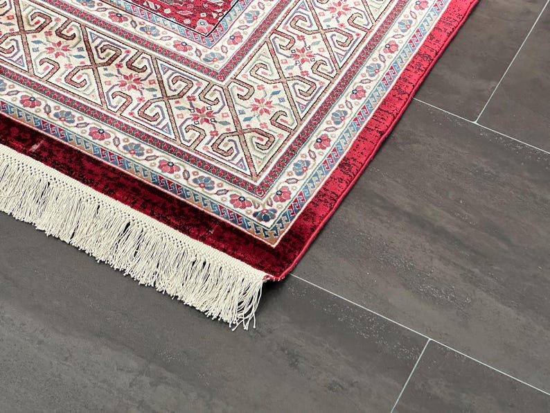 7x10 Red Cream Oriental Rug, Turkish Silk And Wool Carpet, 7x10 Turkish Carpet, Home Decor, Rug For Palace, Home Decor, Soft Red Carpet 7x10