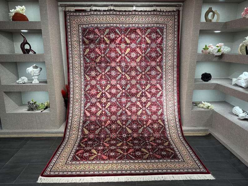 7x10 Red Cream Oriental Rug, Turkish Silk And Wool Carpet, 7x10 Turkish Carpet, Home Decor, Rug For Palace, Home Decor, Soft Red Carpet 7x10