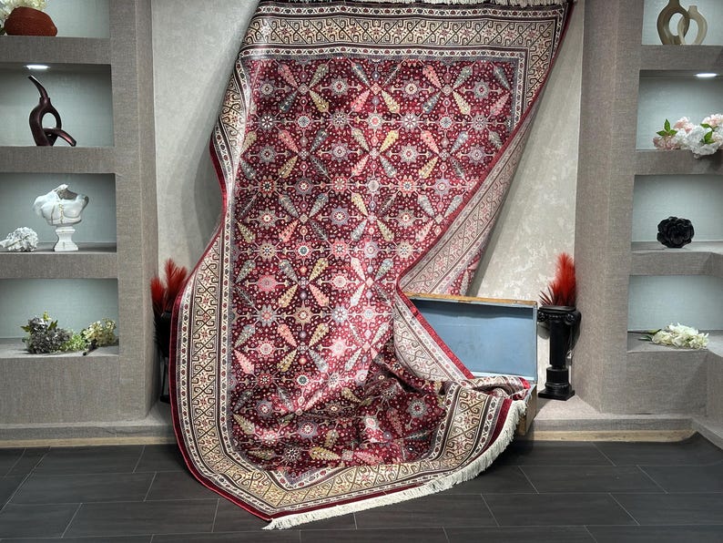 7x10 Red Cream Oriental Rug, Turkish Silk And Wool Carpet, 7x10 Turkish Carpet, Home Decor, Rug For Palace, Home Decor, Soft Red Carpet 7x10