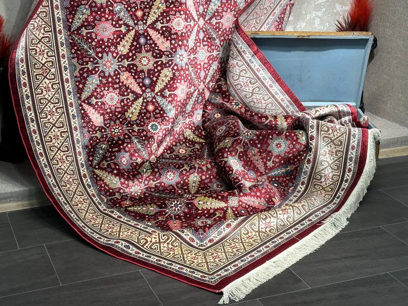 7x10 Red Cream Oriental Rug, Turkish Silk And Wool Carpet, 7x10 Turkish Carpet, Home Decor, Rug For Palace, Home Decor, Soft Red Carpet 7x10