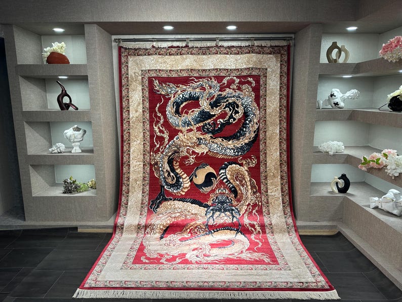 Red Dragon Patterned Silk Rug 7x10, %100 Bamboo Silk Rug, Rug For livingroom, Aesthetic Silk Rug, Unique Silk Rug, Rug For Palace, Red Rug