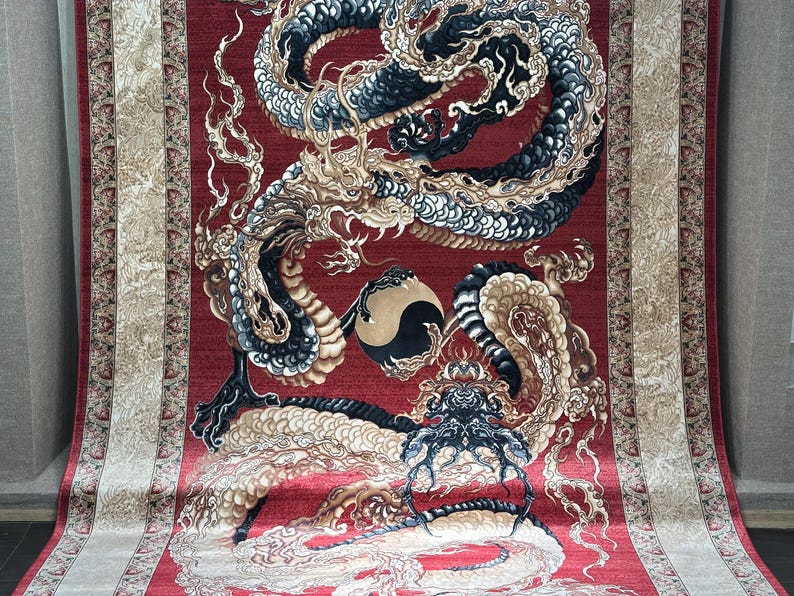 Red Dragon Patterned Silk Rug 7x10, %100 Bamboo Silk Rug, Rug For livingroom, Aesthetic Silk Rug, Unique Silk Rug, Rug For Palace, Red Rug
